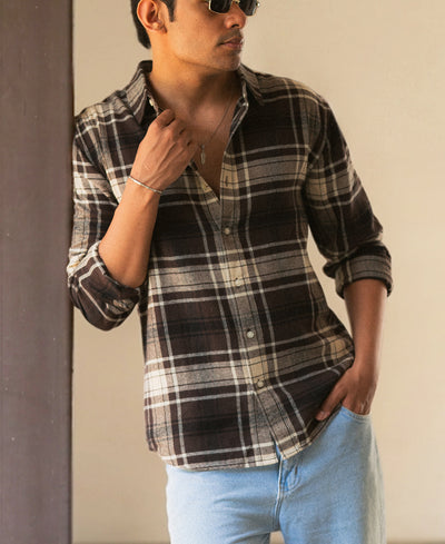Brown & Off-White Structured Checks Shirt 100% Cotton