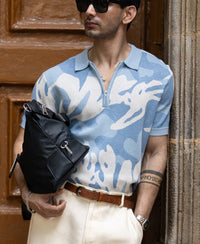 Blue Jacquard Knit T-Shirt 100% Cotton