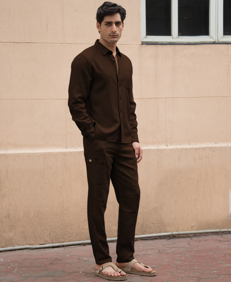Dark Brown Linen Structured Co-Ord Set.