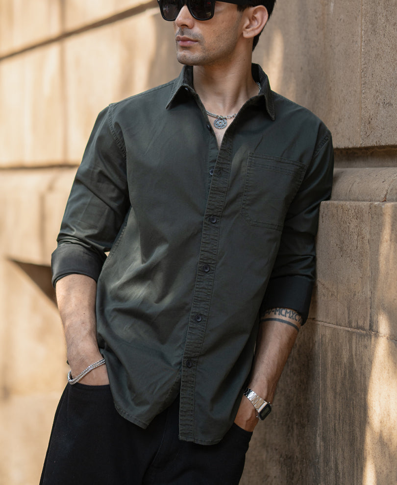Dark Olive Cotton Twill Shirt.