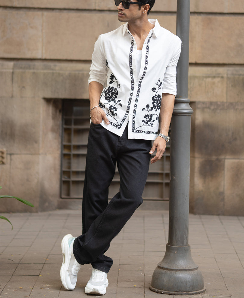 White Cotton Slub Embroidered Shirt