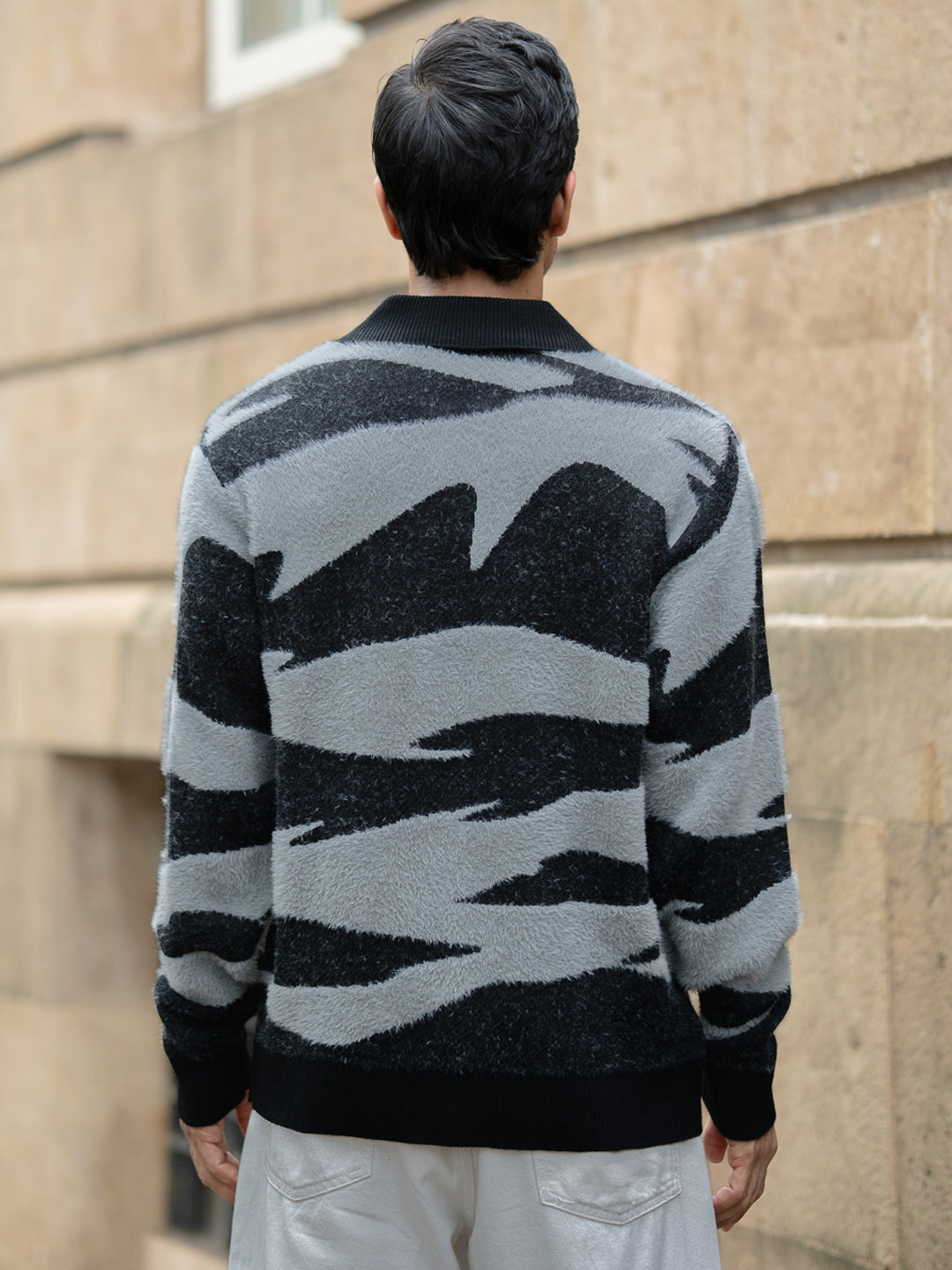 Black Abstract Jacquard Knit Polo Sweater