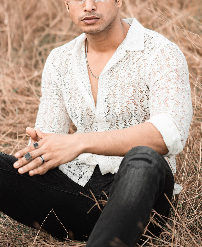 White Sheer Pattern Full Sleeves Shirt