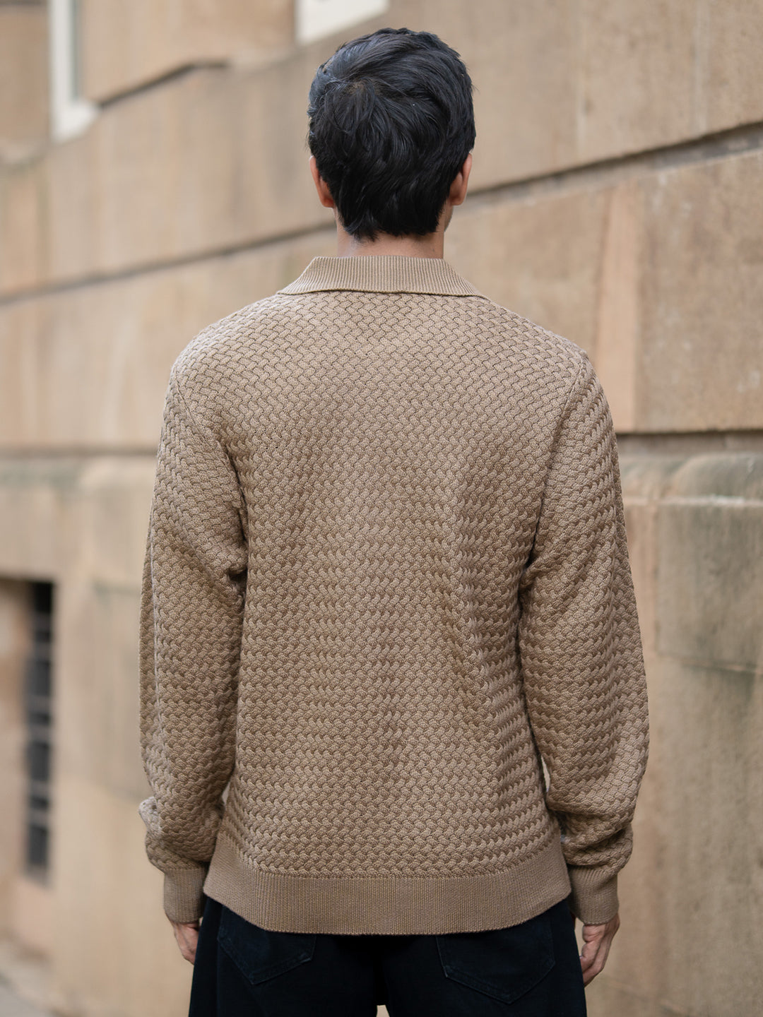 Dark Beige Knit Polo Sweater