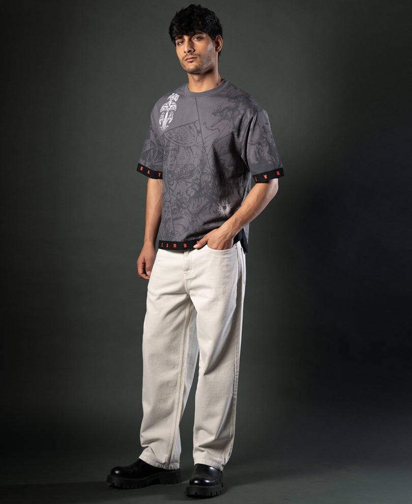 Grey Mahabharata Print T-Shirt.