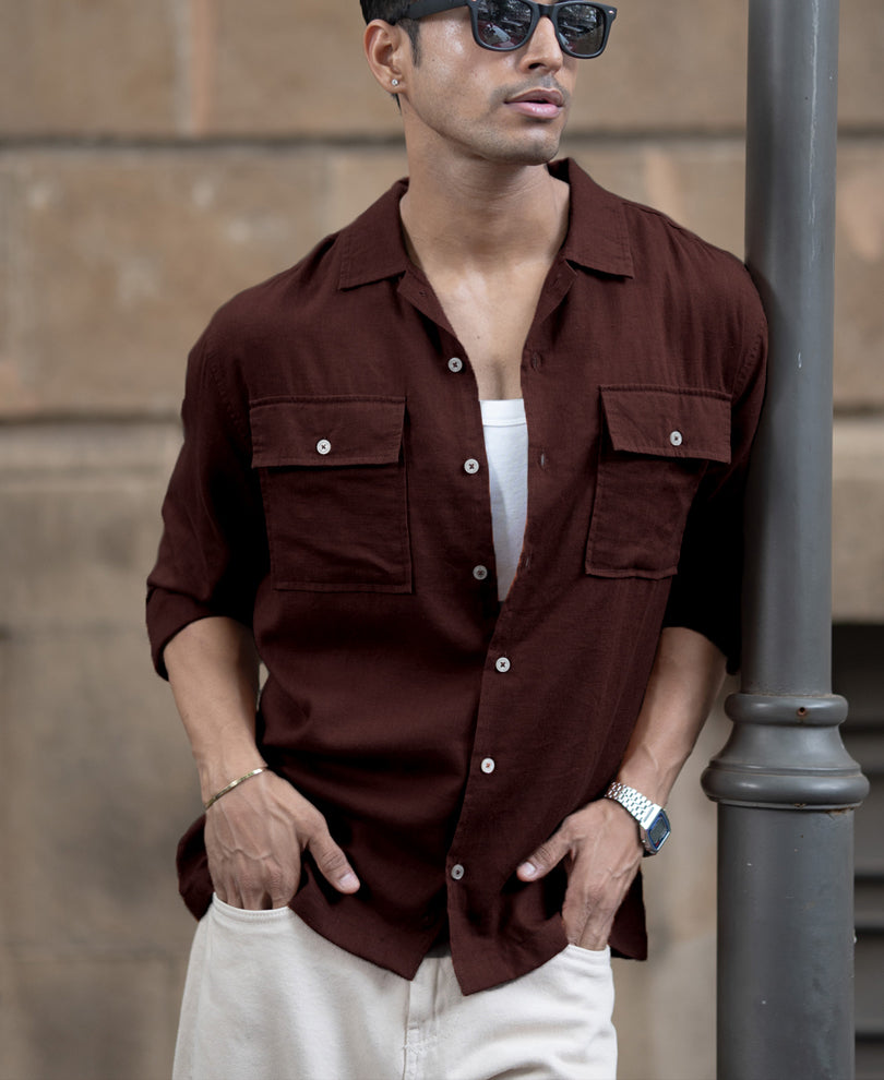 Wine Linen Double Pocket Shirt