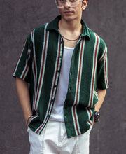 Olive Green Vertical Stripes Oversize Drop Shoulder Shirt