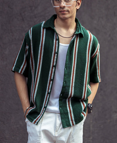 Olive Green Vertical Stripes Oversize Drop Shoulder Shirt