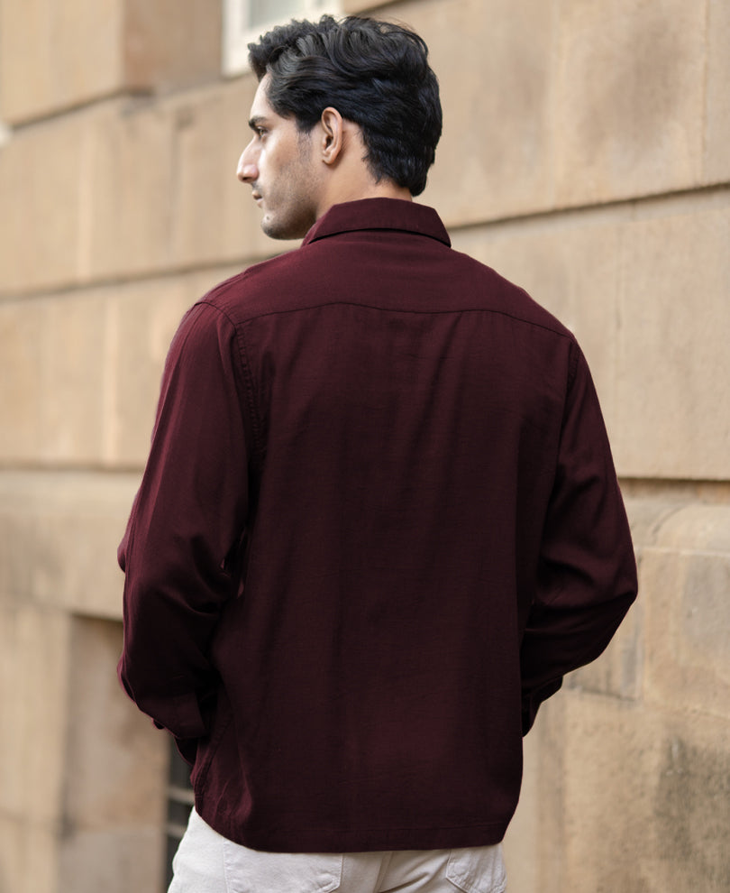 Wine Linen Blend Zipper Shirt