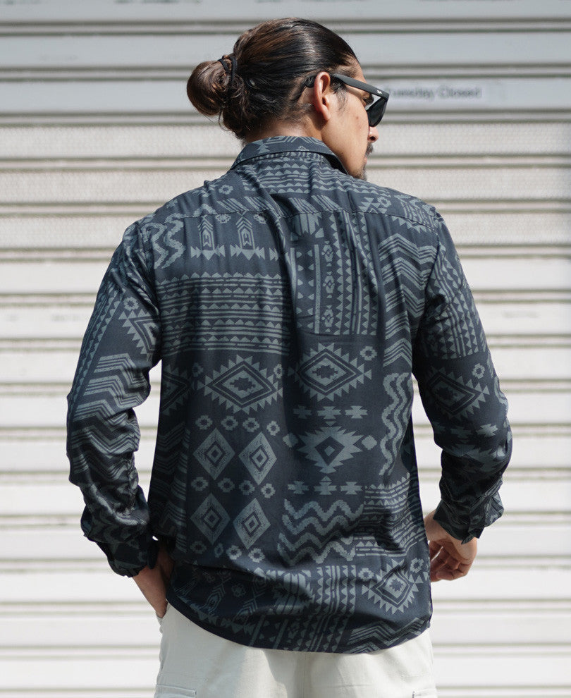 Dark Grey Ethnic Style Print Full Sleeves Shirt