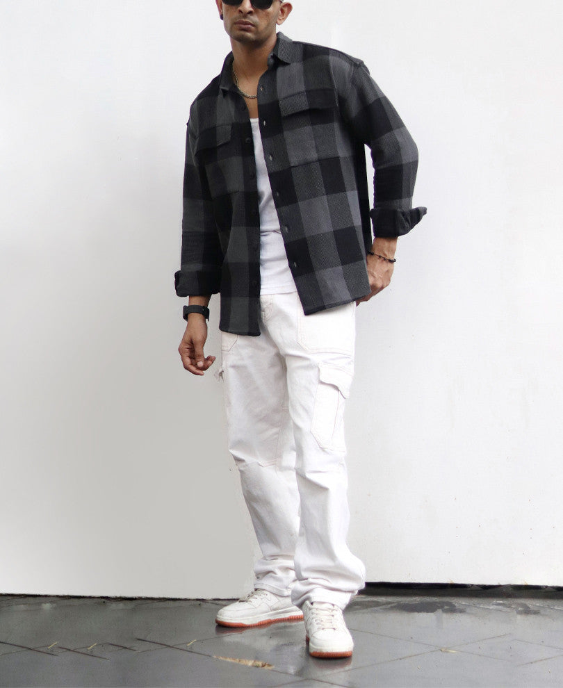 Charcoal Black Checks Structured Oversize Drop Shoulder Shirt
