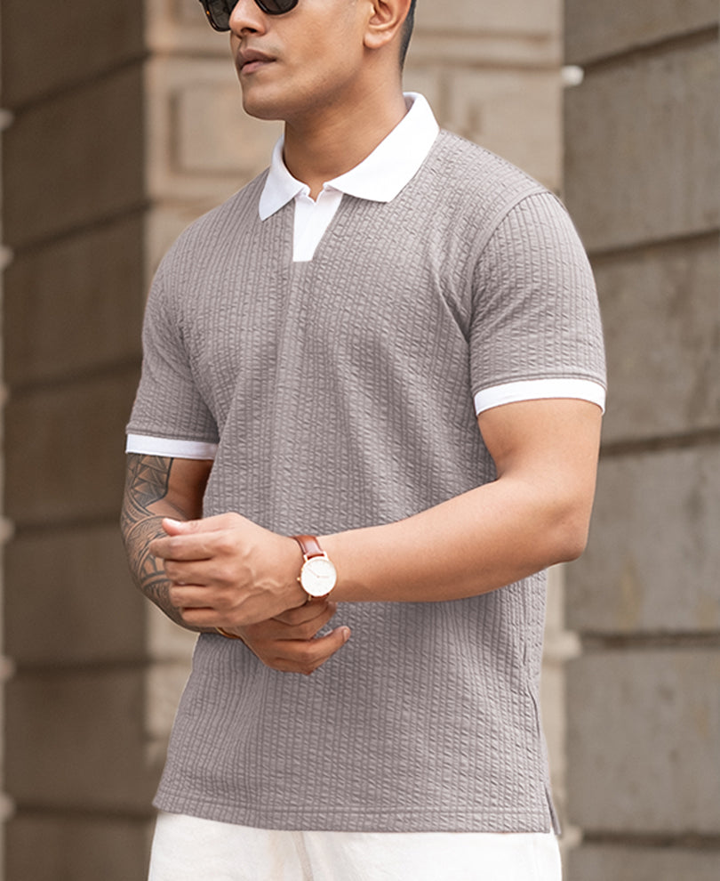 Grey Contrast Collar Polo T-Shirt