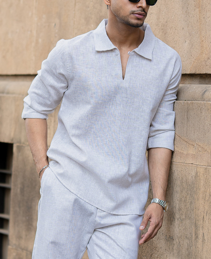 Light Beige Stripes Regular Kurt Style Shirt
