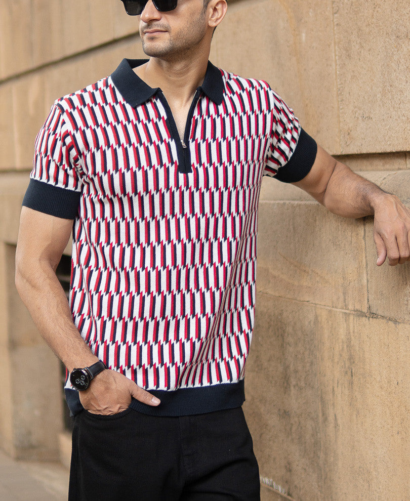 Multicolour Jacquard Knit Polo T-Shirt