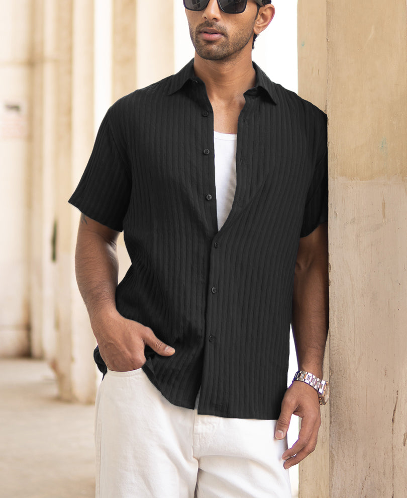 Black Stripe Regular Fit Half Sleeves Shirt.