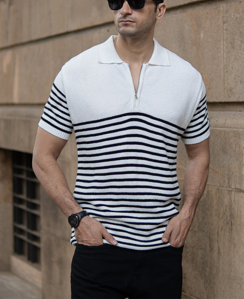 Black Stripe Knit Zipper Regular Fit T-Shirt