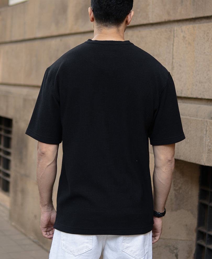 Black Knitted Henley T-Shirt