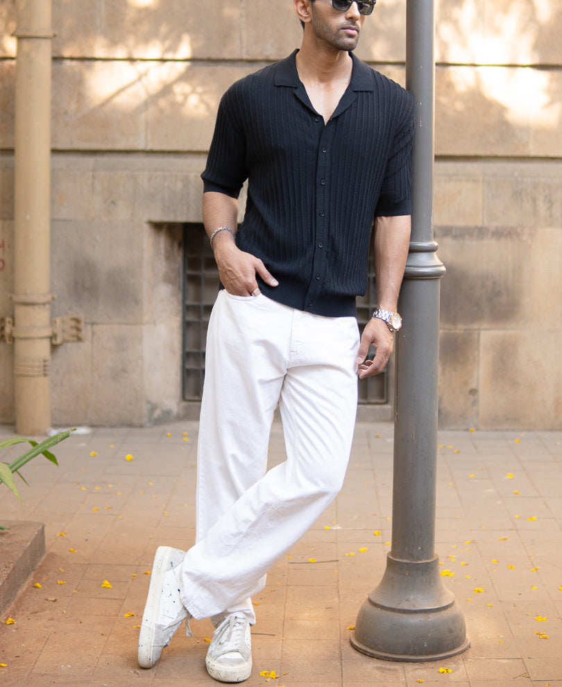 Black Rib Knit Cuban Shirt