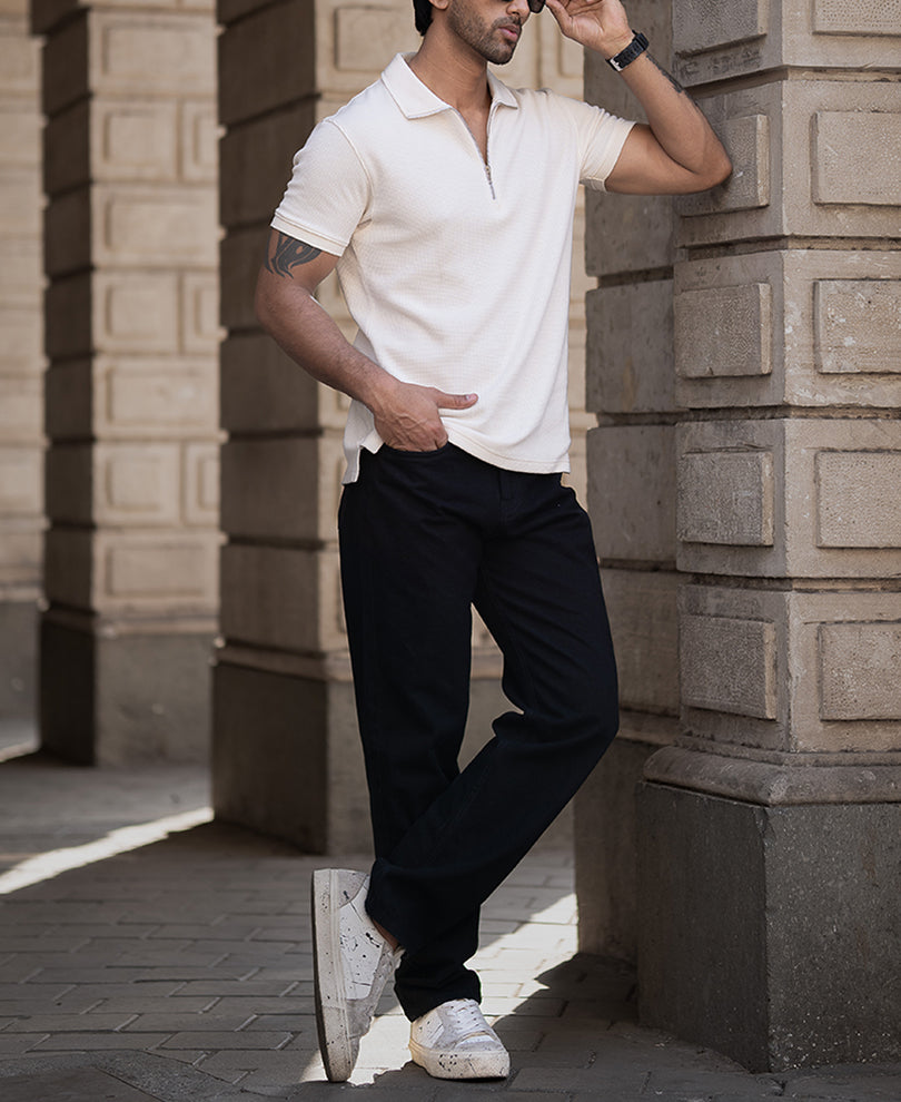 Off-White Half Sleeves Regular Fit Structured T-Shirt