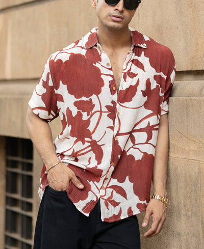 Rust Floral Crinkled Print Shirt