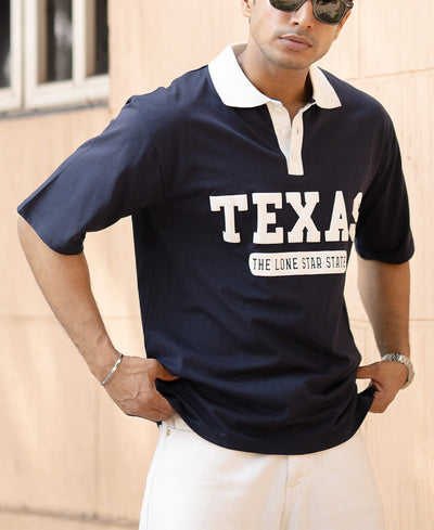 Navy Contrast Print Polo T-Shirt