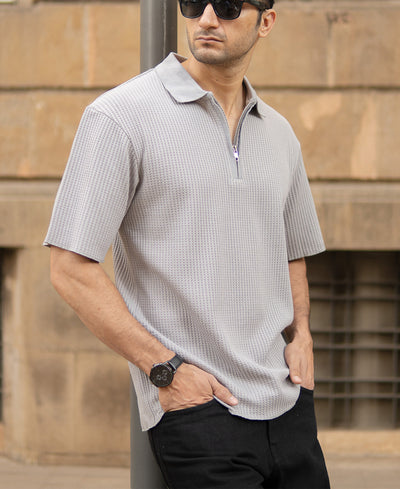 Grey Structured Zipper Polo T-Shirt