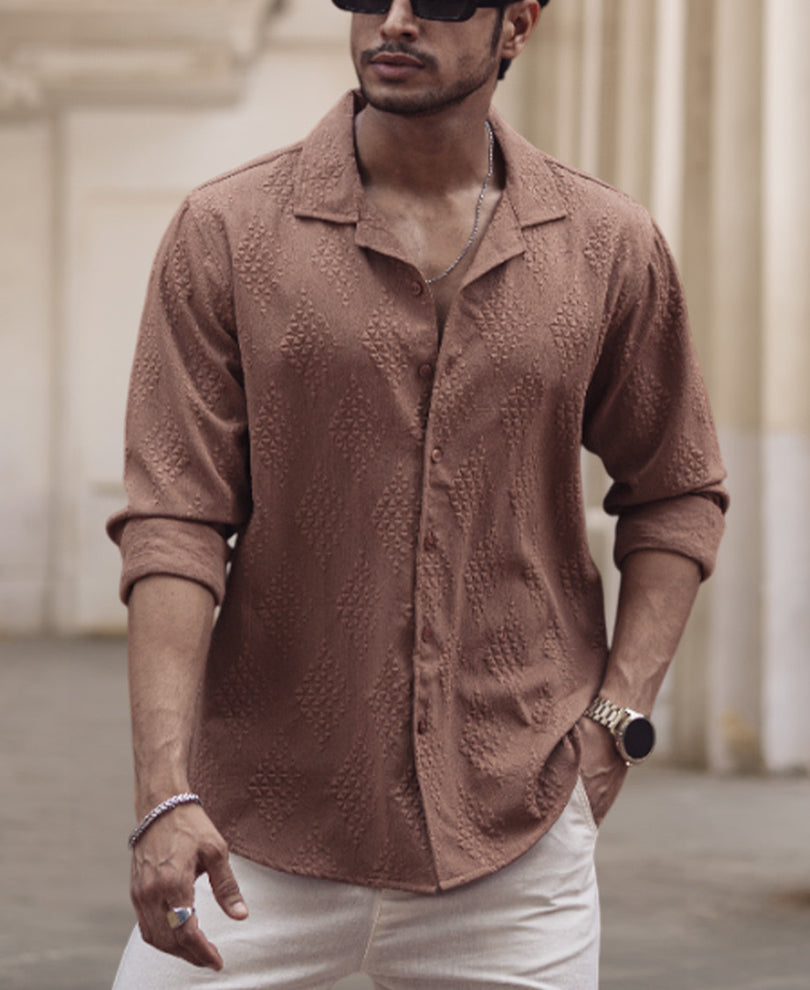 Dark Beige Structured Regular Fit Full Sleeves Shirt