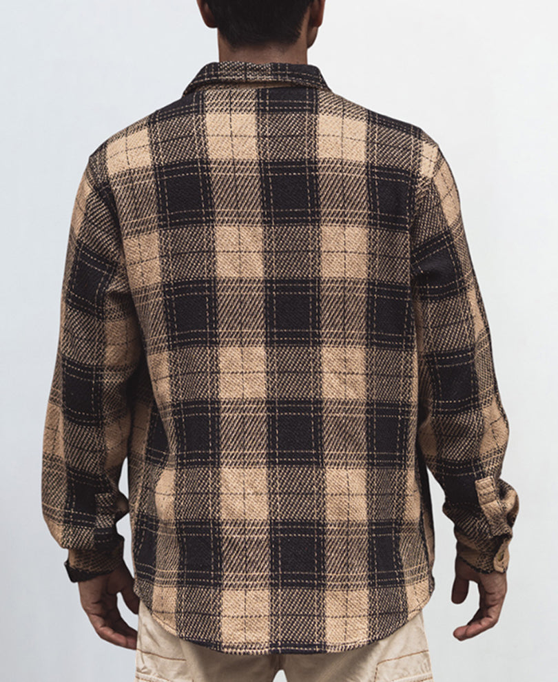 Beige & Black Checked Regular Fit Full Sleeve Overshirt
