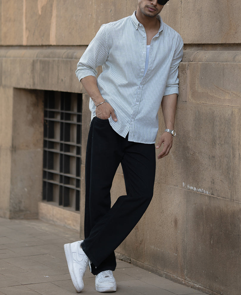 Green And White Stripes Regular Fit Full Sleeves Shirt