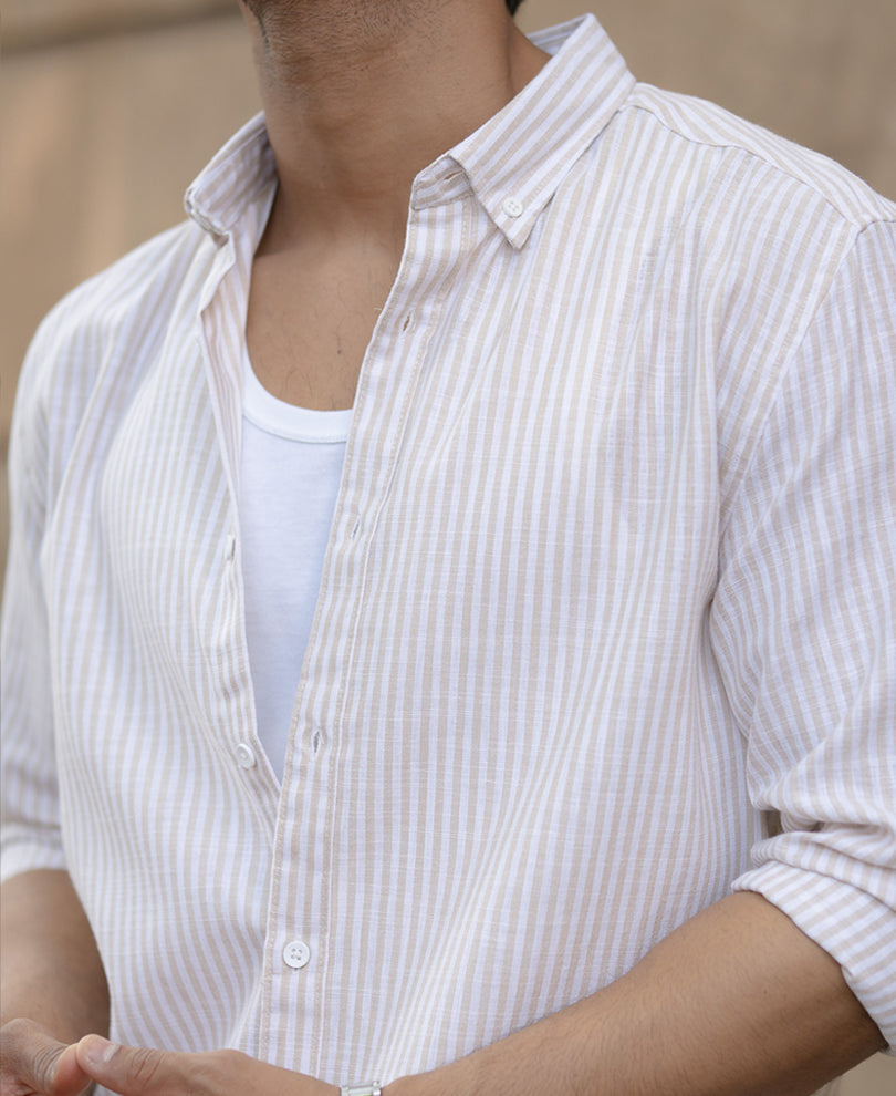 Cream And White Stripes Regular Fit Full Sleeves Shirt