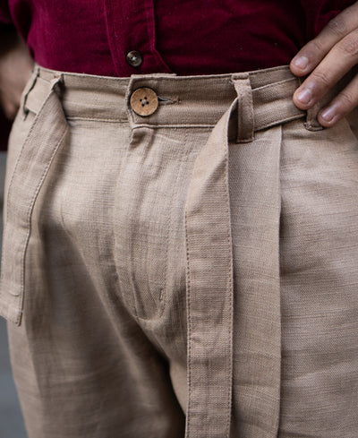 Beige Cotton Pant With Belt