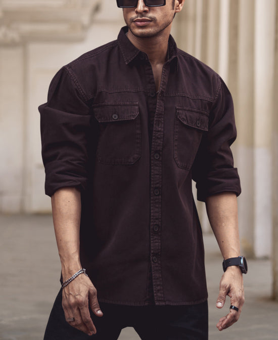 Denim Shirts- Dark Brown Chest Pocket Plain Shirts for Men Online Powerlook
