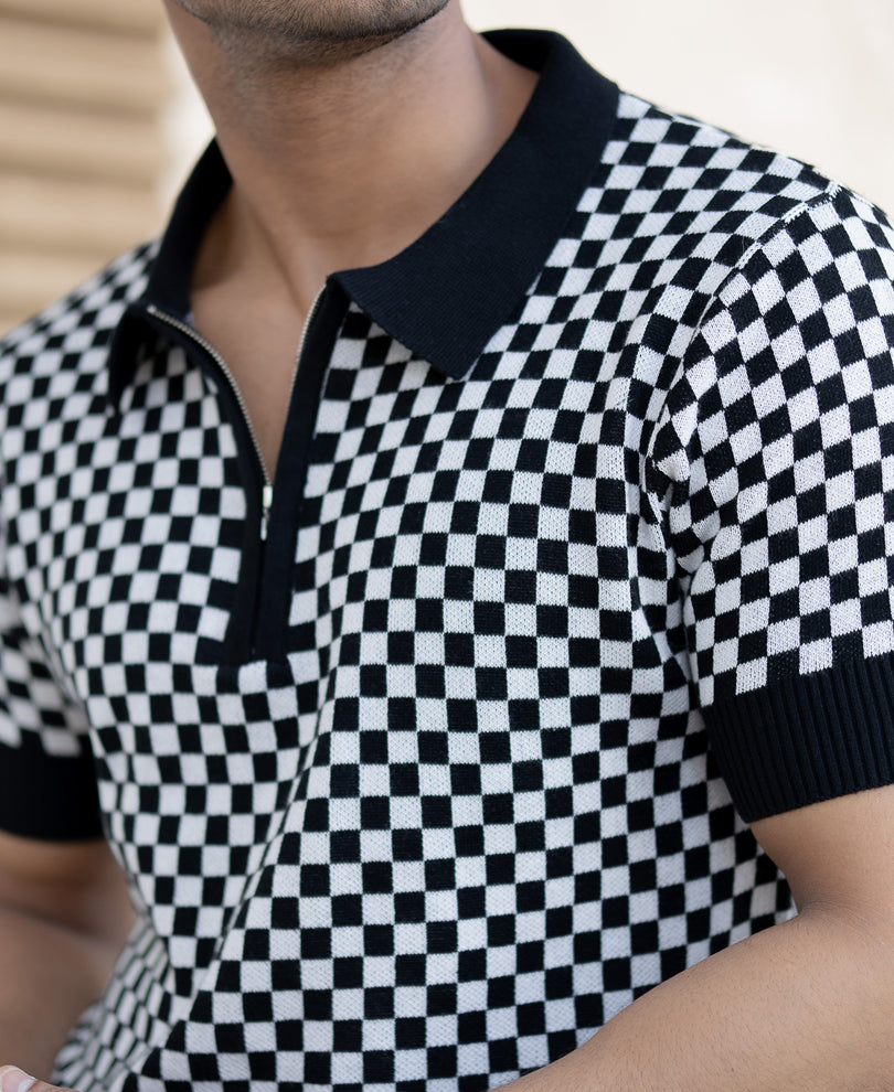 Checkerboard Zipper Polo T-Shirt