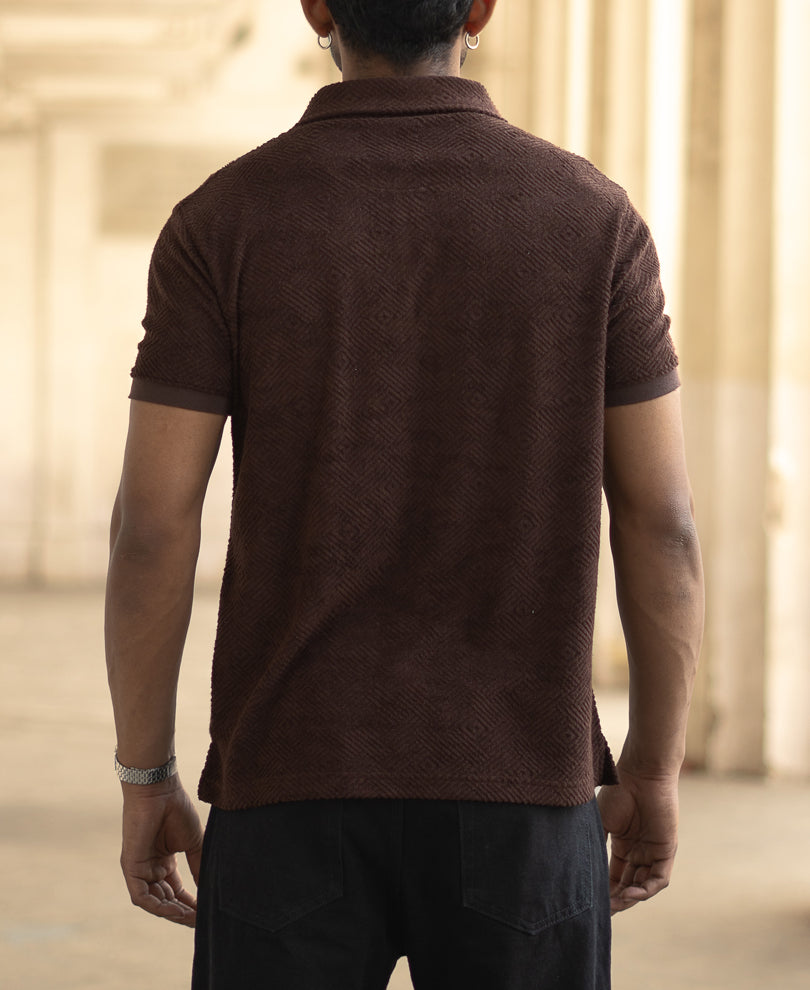 Brown Jacquard Regular Fit Half Sleeves T-Shirt
