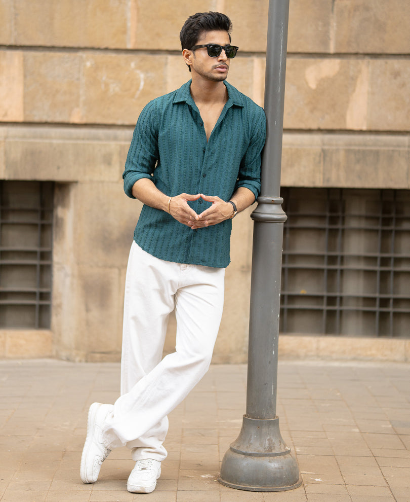 Green Regular Fit Structured Full Sleeves Shirt