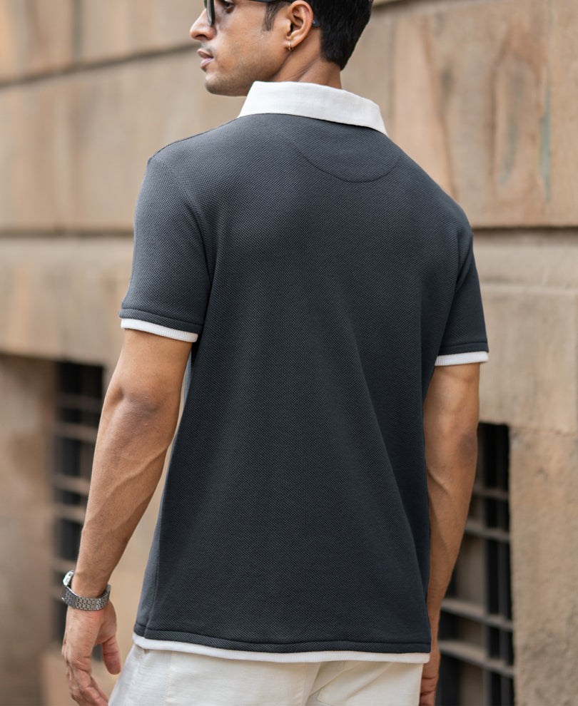 Blue Contrast Collar Knit T-Shirt