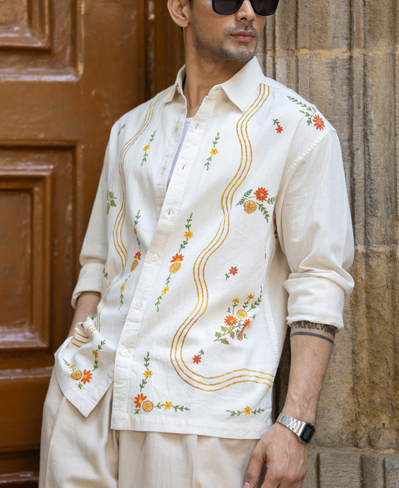 Natural Linen Blend Print Shirt.