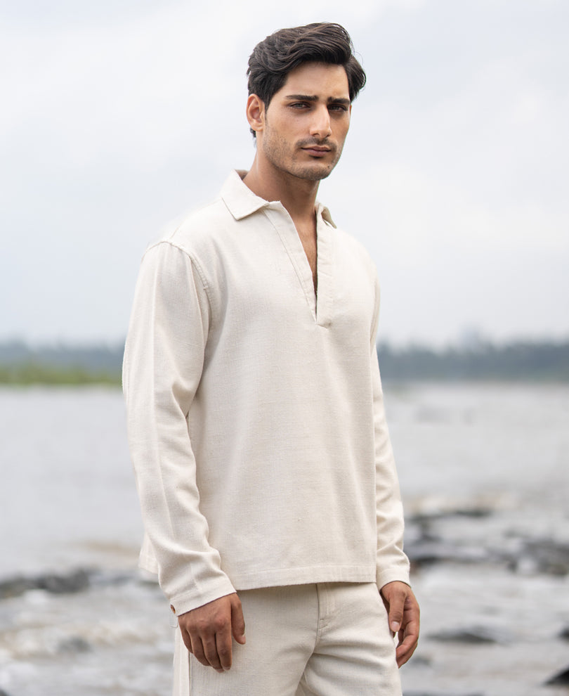 Cream Striuctured Cotton Kurta Shirt