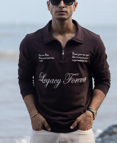 Brown Embroidered Quarter Zip Sweatshirt