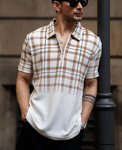 Beige Checks Print T-Shirt