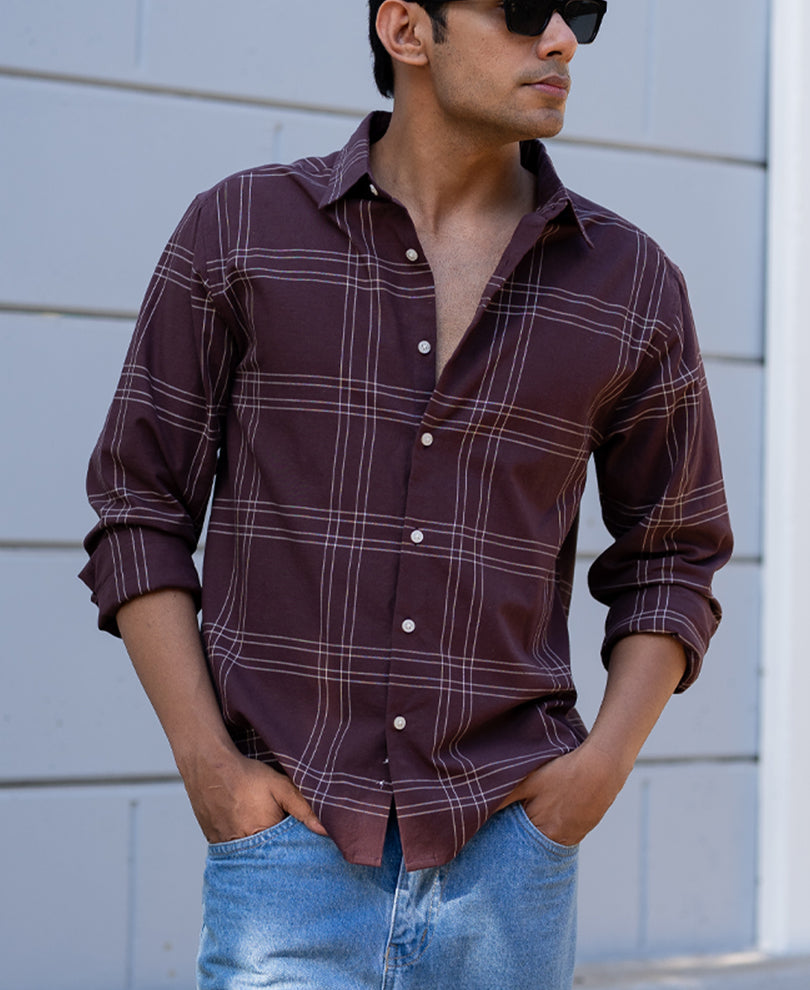 Brown Linen Blend Checks Shirt.