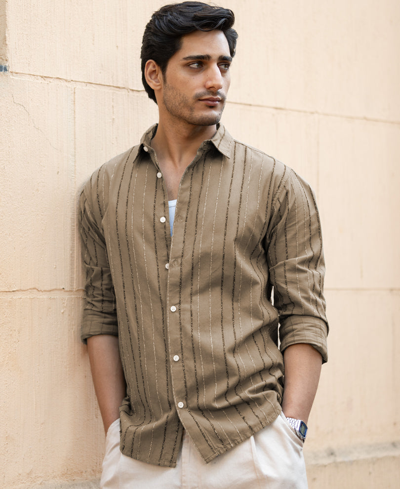 Dark Beige Boucle Stripe Shirt.