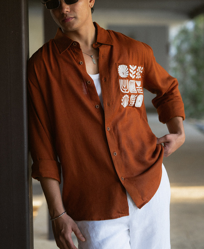 Rust Linen Blend Embroidered Shirt