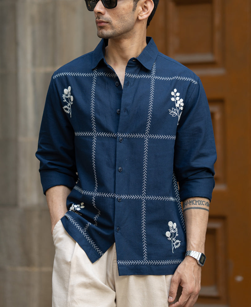 Navy Embrpoidery Linen Blend Shirt.