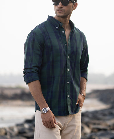 Navy Green Structured Checks Shirt