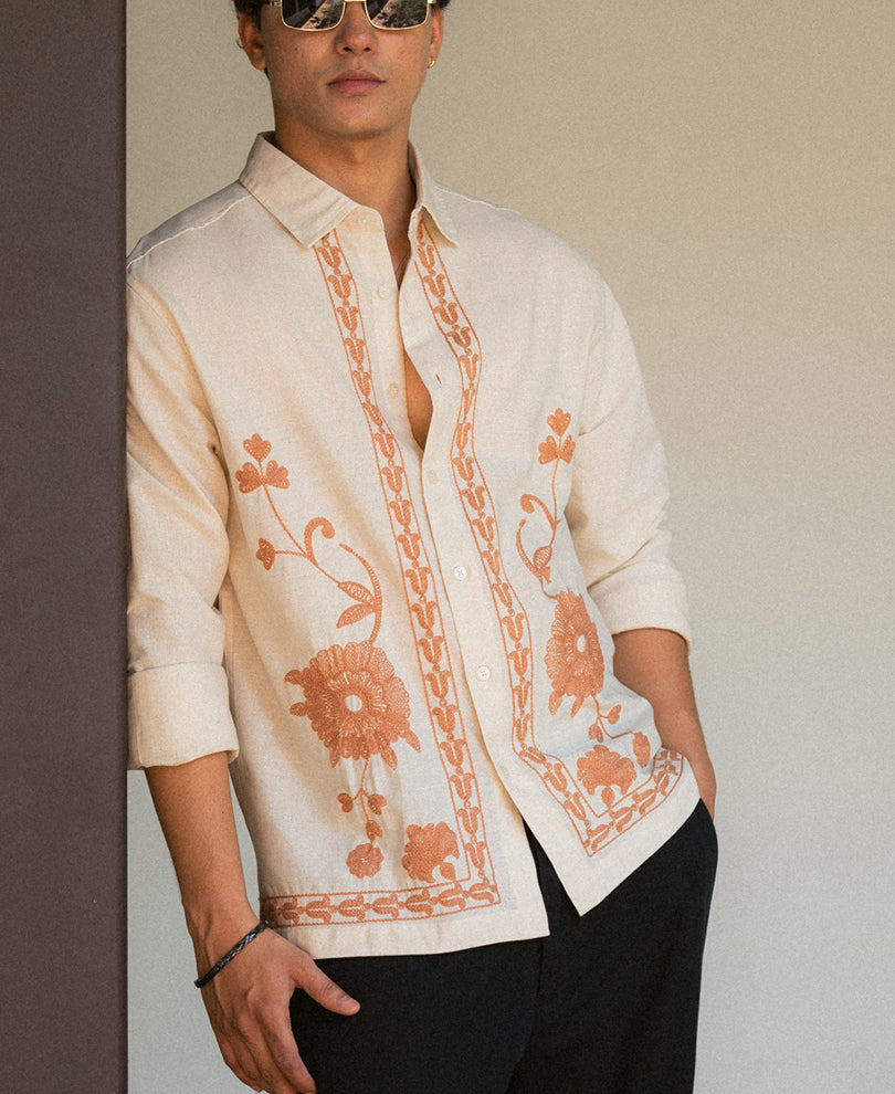 Natural Linen Blend Embroidery Shirt
