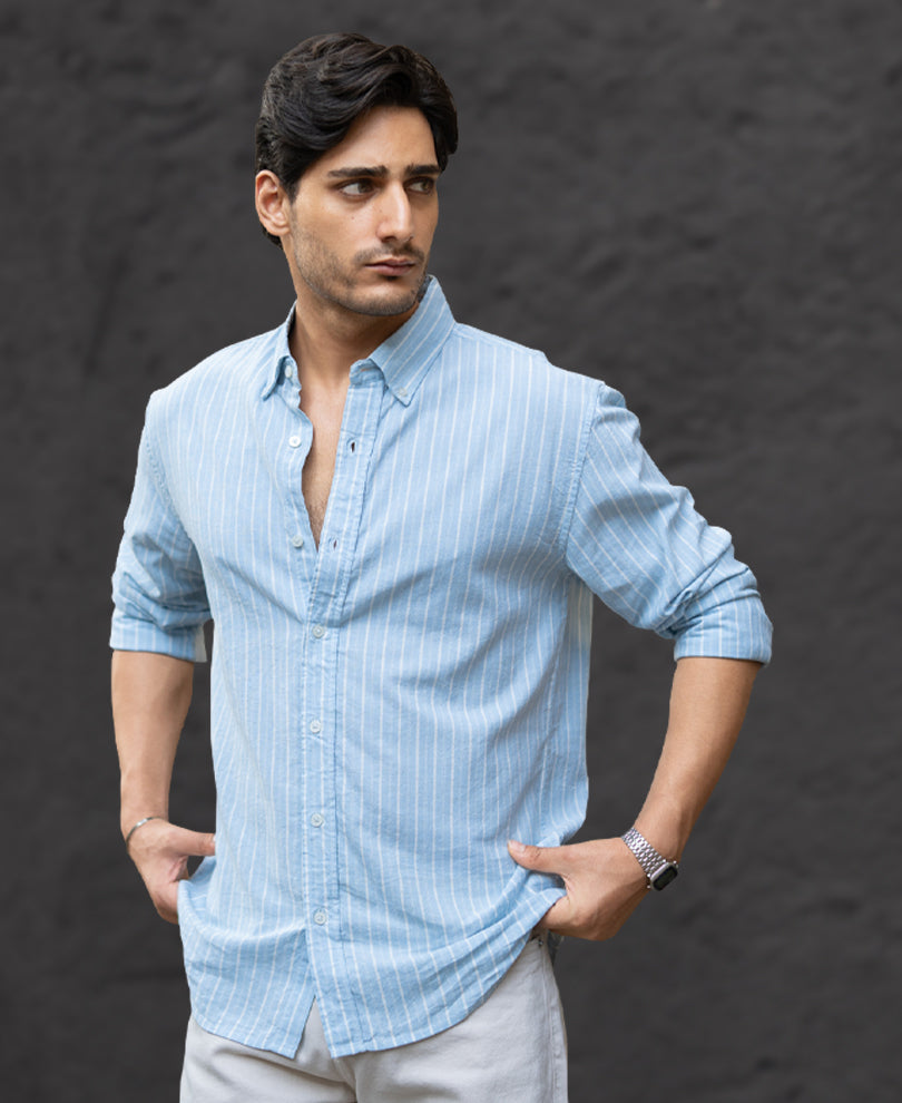 Buy Light Blue Linen Stripe Shirt for Men | POWERLOOK