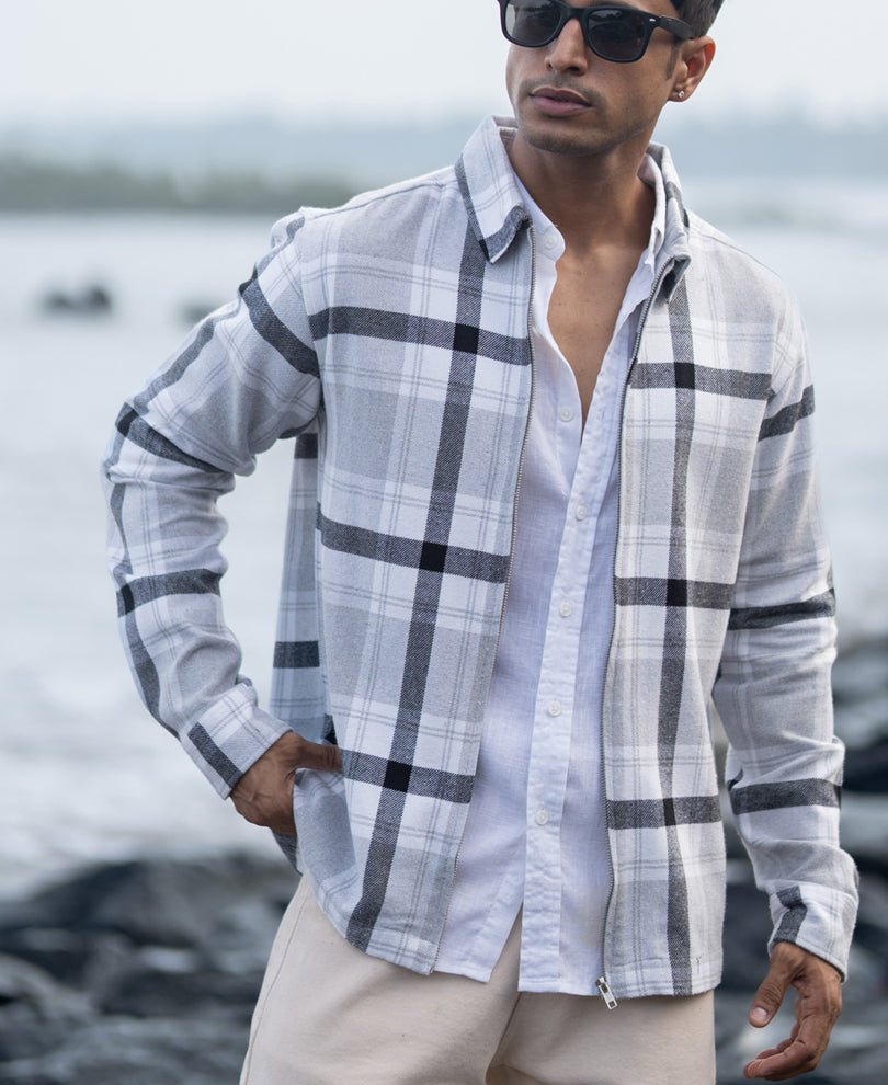 Grey Checks Zipper Overshirt
