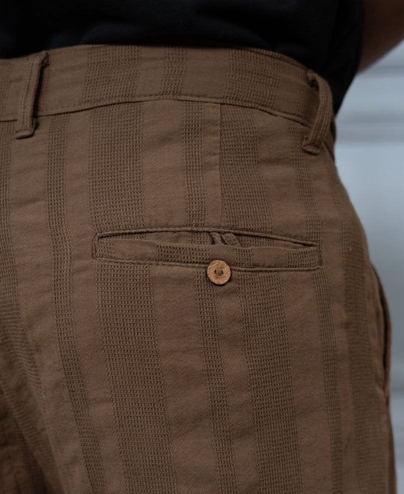 Brown Structured Pleated Cotton Trousers.