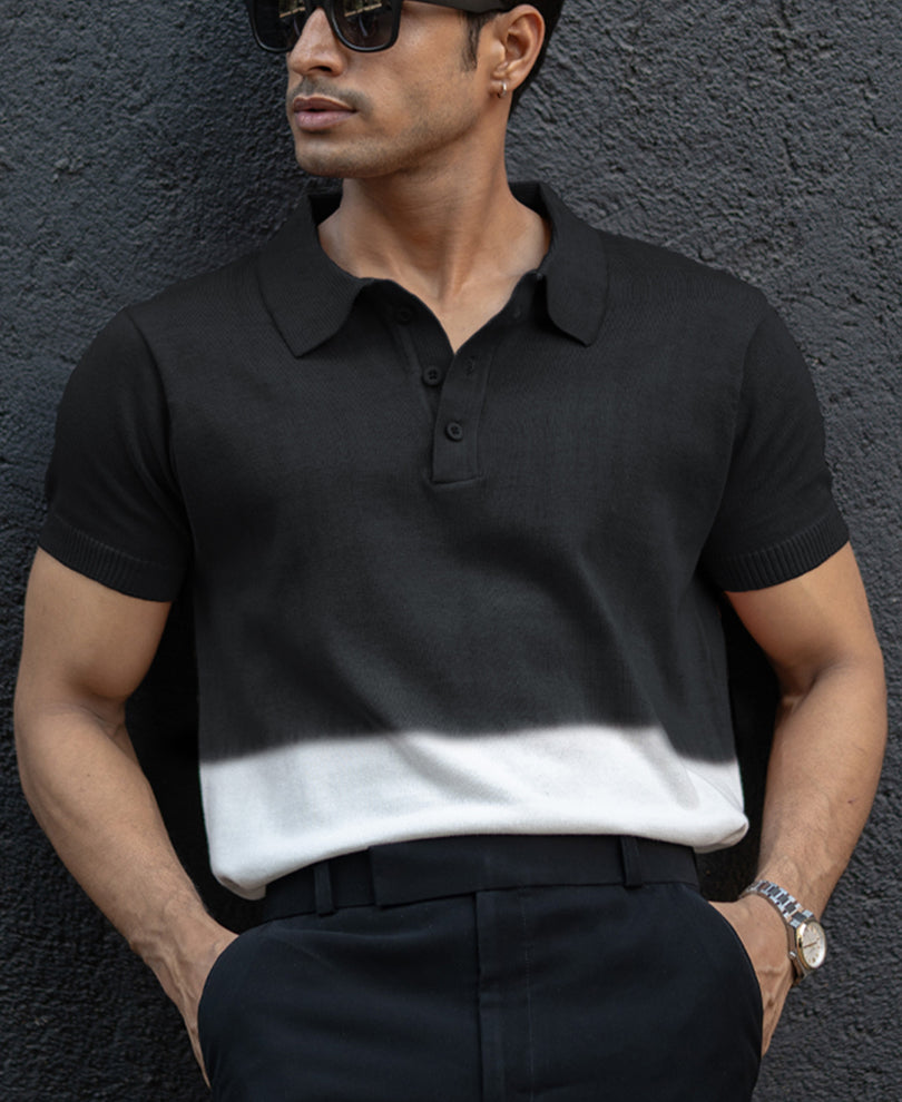 Black Ombre Knit Polo T-Shirt